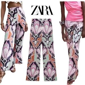 ZARA Linen Blend Floral Wide Leg Pants Size XS